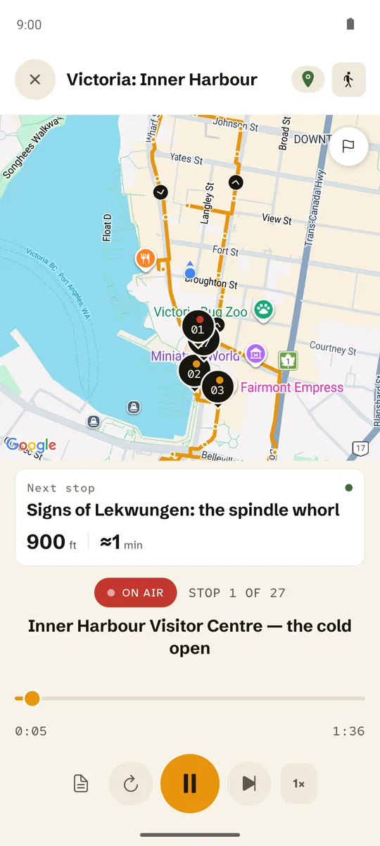 The Camena app mid-tour: the route map, the next stop and the ON AIR chip