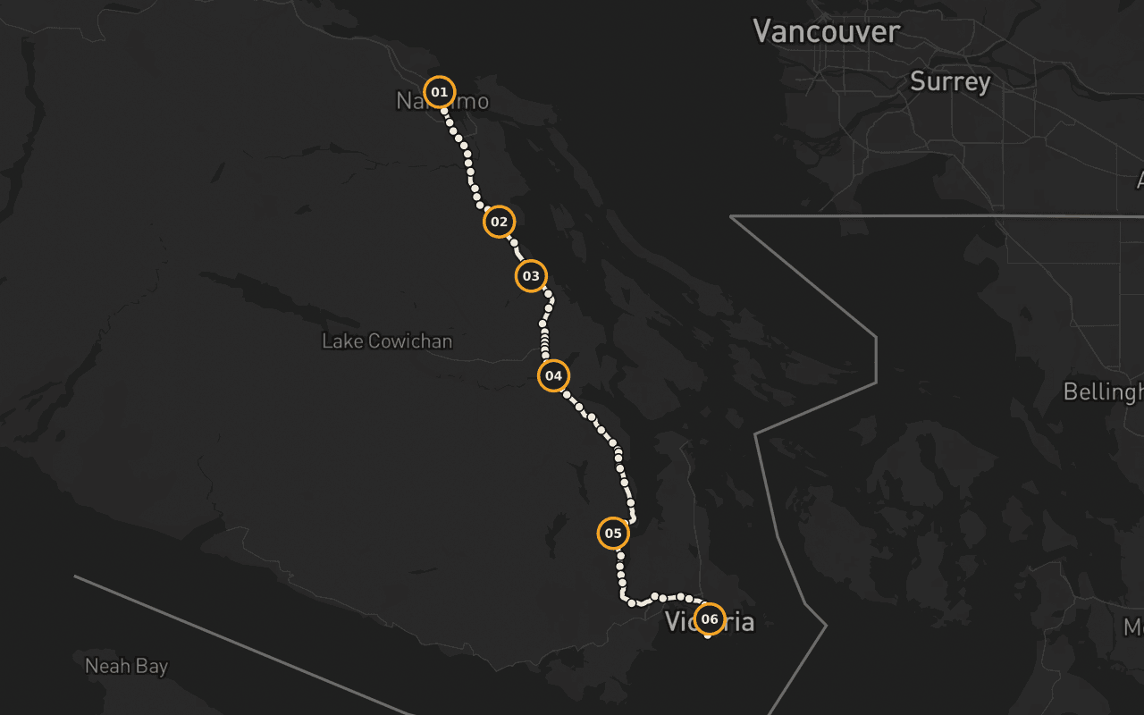 Victoria–Nanaimo: Highway 1: Departure Bay ferry terminal → Ends at Mile 0 in Victoria, where the Trans-Canada Highway runs out at the edge of the Pacific.