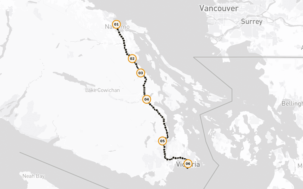 Victoria–Nanaimo: Highway 1: Departure Bay ferry terminal → Ends at Mile 0 in Victoria, where the Trans-Canada Highway runs out at the edge of the Pacific.