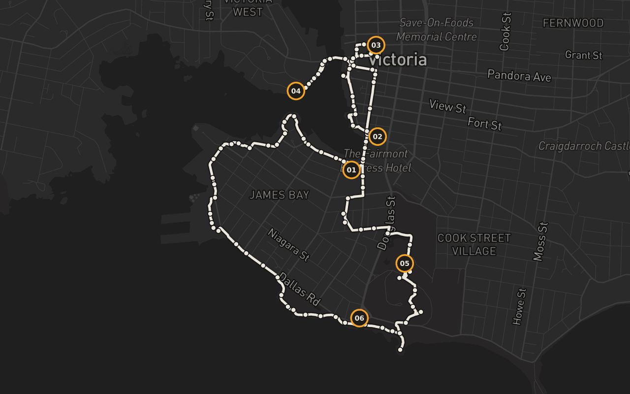 Victoria: Cruise Half-Day: Ogden Point Cruise Terminal → A loop — it returns you to Ogden Point Cruise Terminal. Check your ship's all-aboard time before starting, and take the short loop if it's tight.