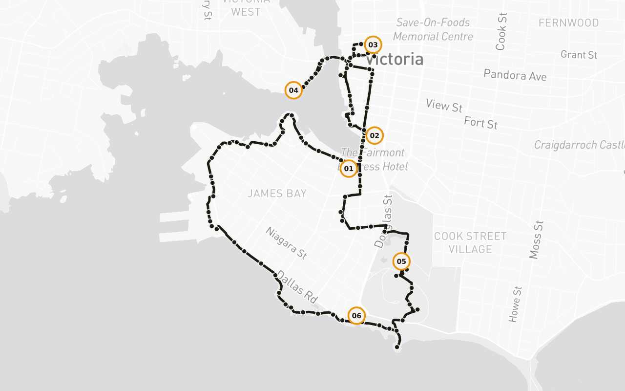 Victoria: Cruise Half-Day: Ogden Point Cruise Terminal → A loop — it returns you to Ogden Point Cruise Terminal. Check your ship's all-aboard time before starting, and take the short loop if it's tight.