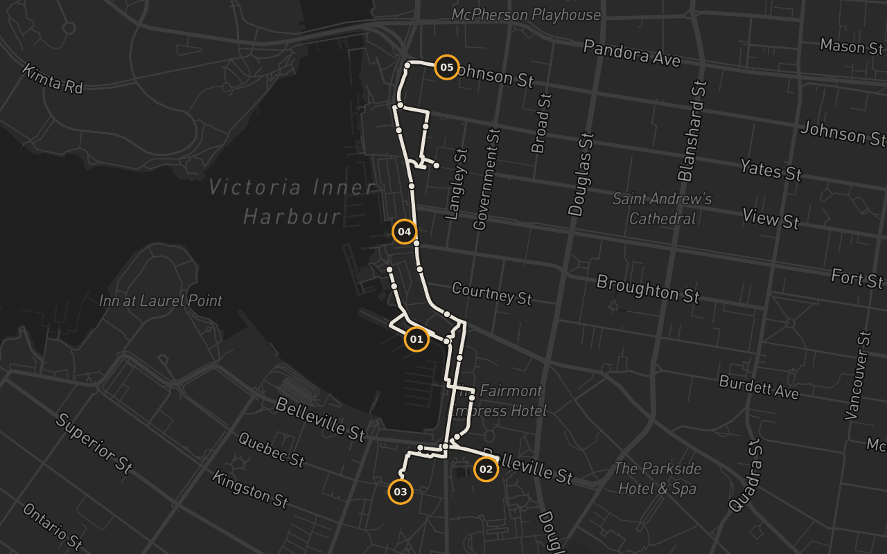 Victoria: Inner Harbour: Inner Harbour Causeway → A loop — it brings you back to the Inner Harbour Causeway where you started.