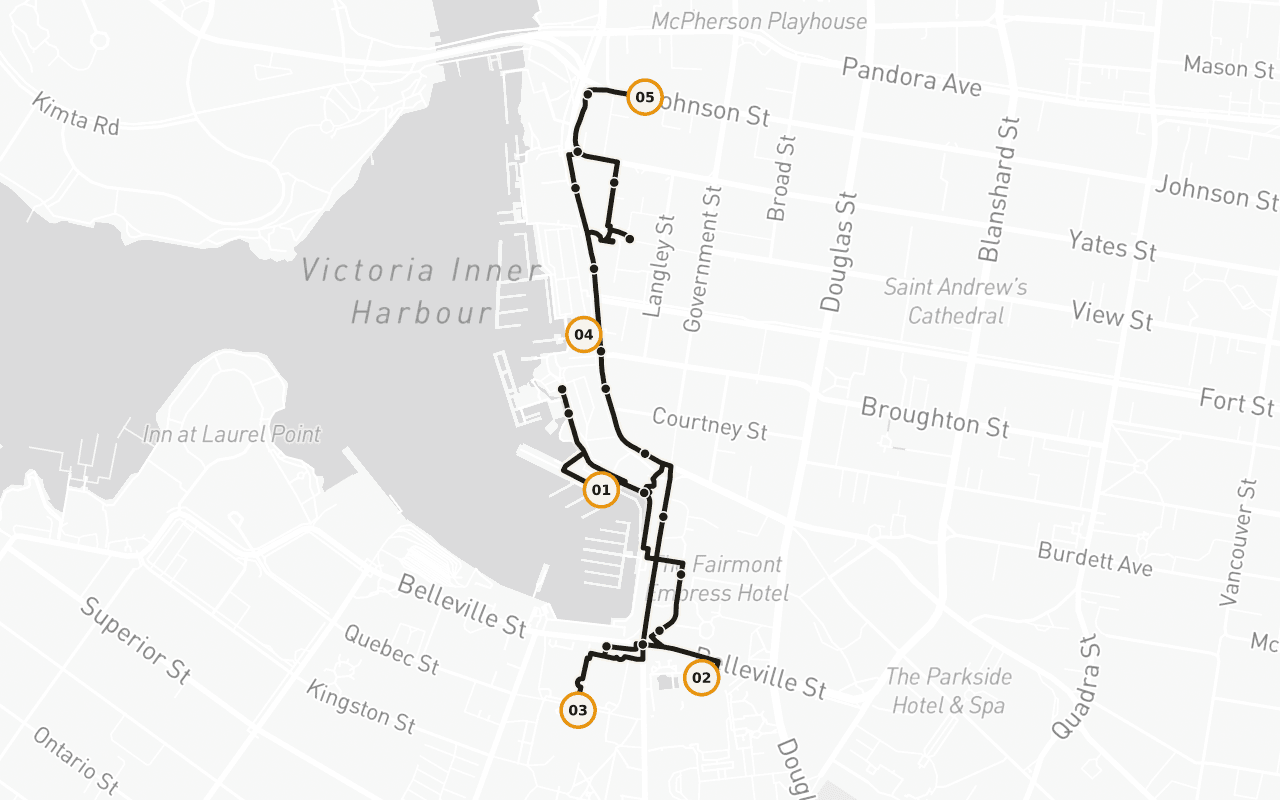 Victoria: Inner Harbour: Inner Harbour Causeway → A loop — it brings you back to the Inner Harbour Causeway where you started.