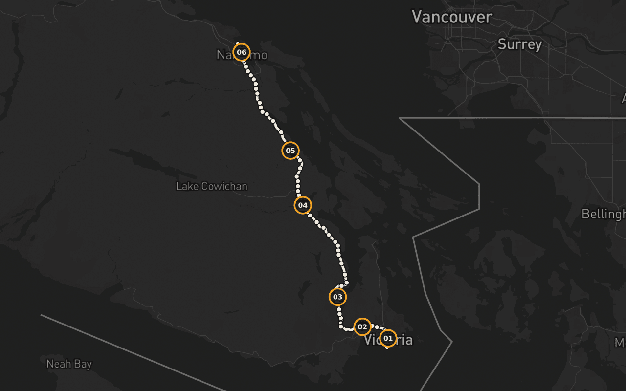 Victoria–Nanaimo: Highway 1: Mile 0 monument (Beacon Hill Park) → Ends at the Departure Bay ferry terminal in Nanaimo — where a mainland sailing, or the road north, picks up.