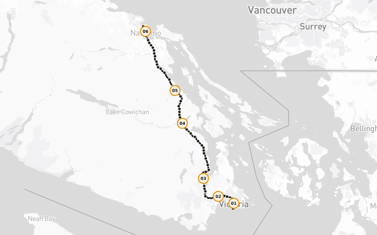 Victoria–Nanaimo: Highway 1: Mile 0 monument (Beacon Hill Park) → Ends at the Departure Bay ferry terminal in Nanaimo — where a mainland sailing, or the road north, picks up.